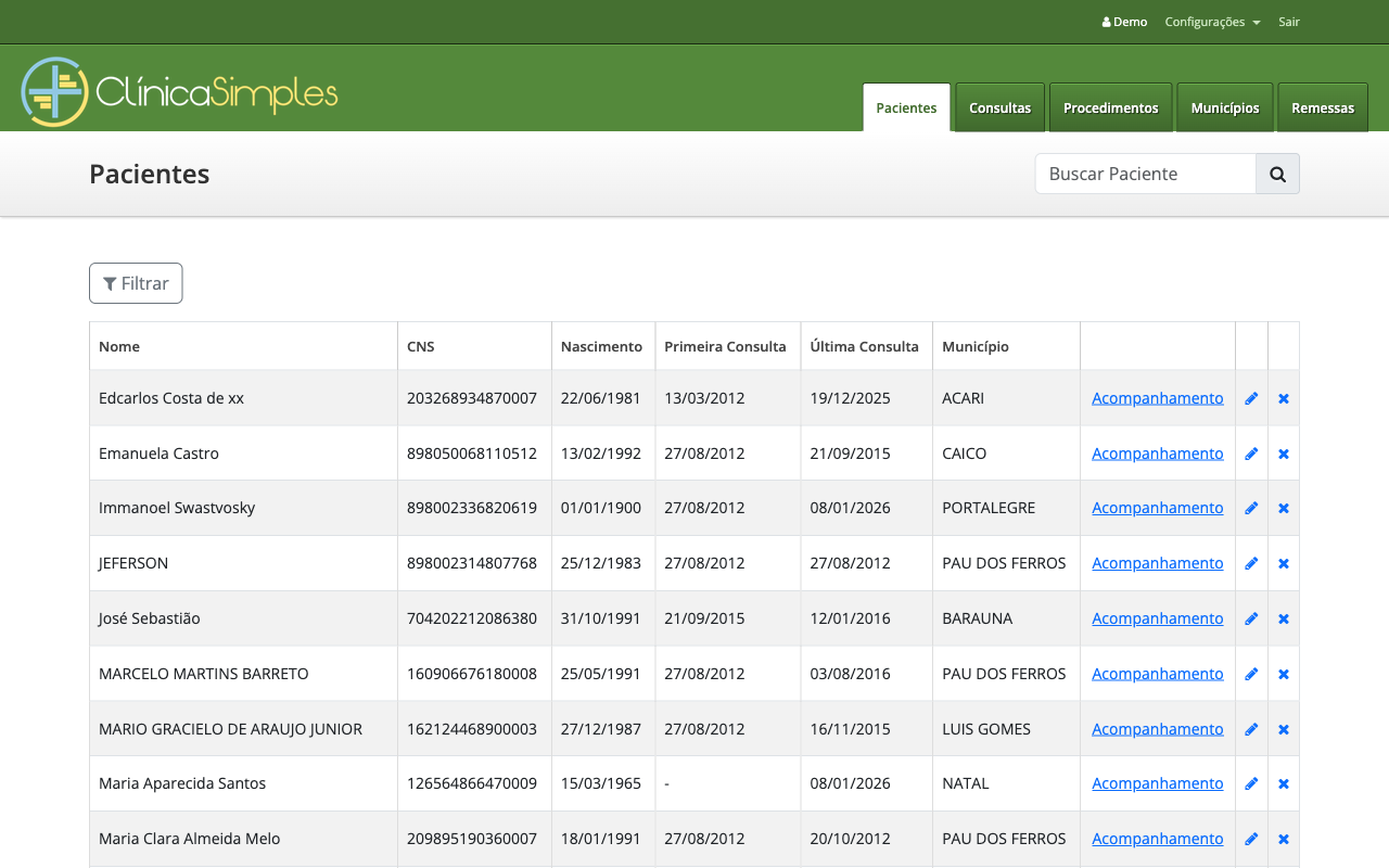 Tela de pacientes do Clínica Simples